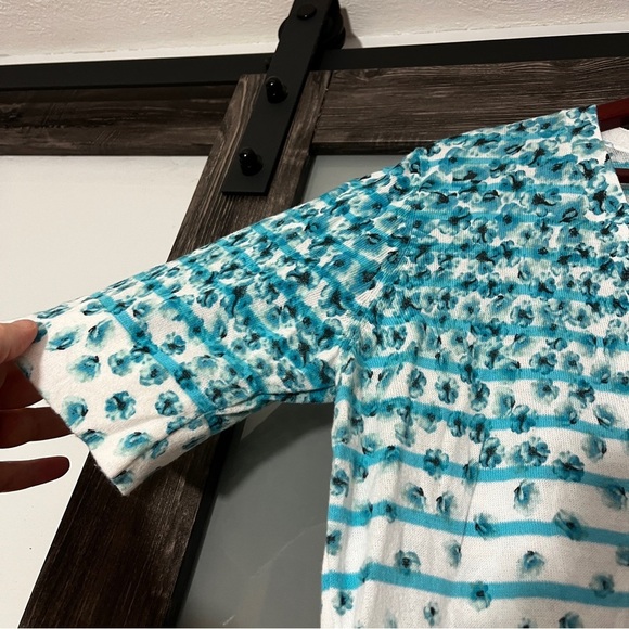 New York & Company 100% Cotton Ditsy Floral Striped Short Sleeve Button Cardigan - Picture 3 of 8